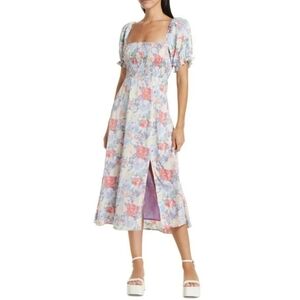 ASTR The Label Smocked Puff Sleeve Midi Dress Purple Coral Floral Women's Medium